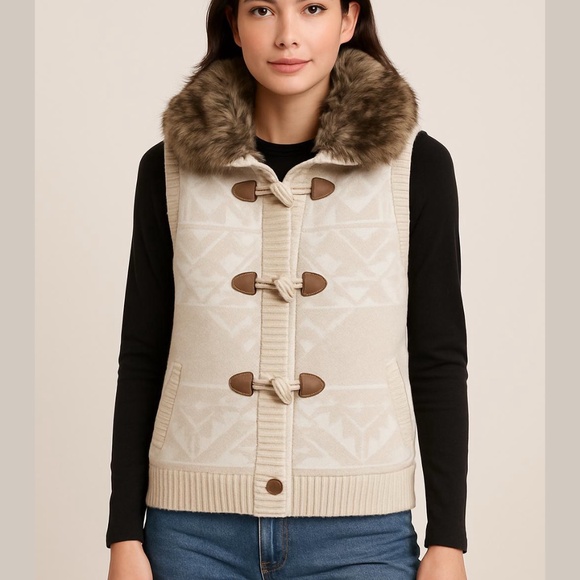 Pink Rose Aztec Knit Vest with Faux Fur Collar, Sherpa Lined - Neutral Tone - L - Picture 1 of 6